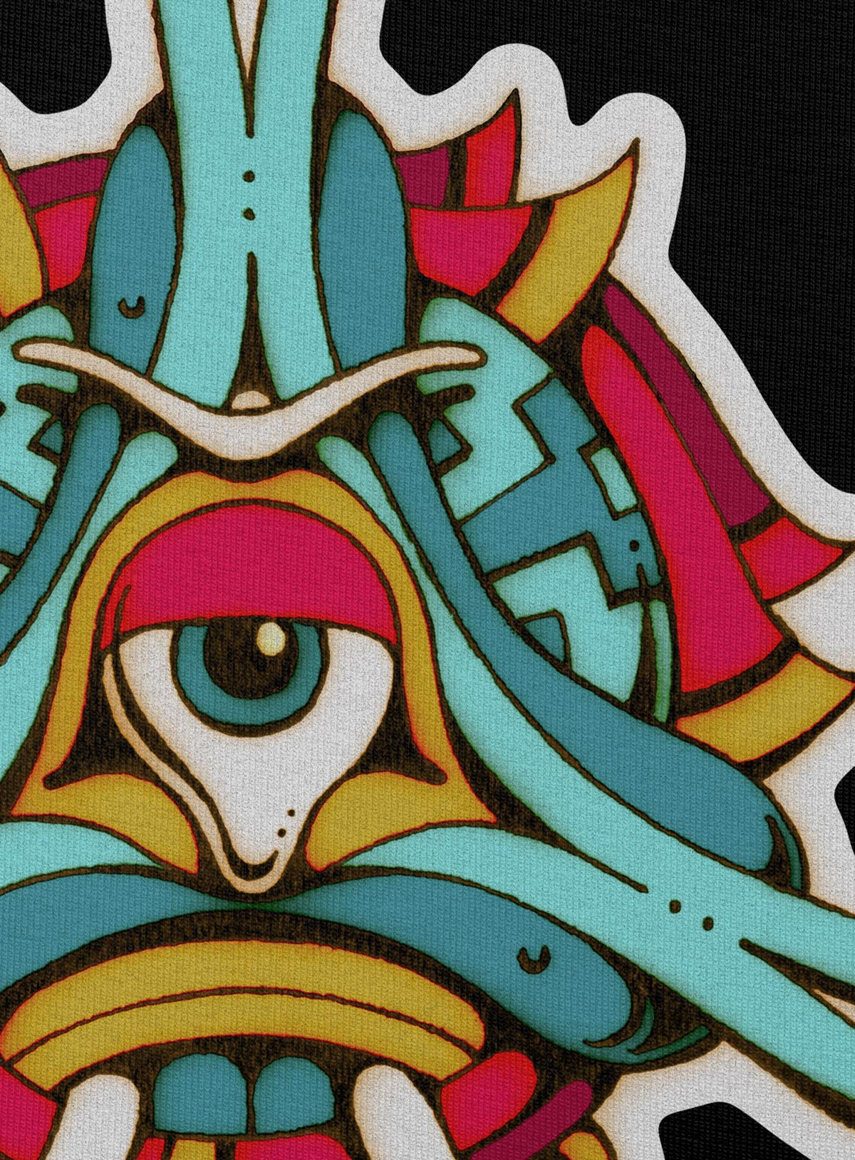 Detail of black woman&#39;s cropped hoodie featuring a print of the Toltec-Aztec goddess of grass illustrated by G.M. Meave