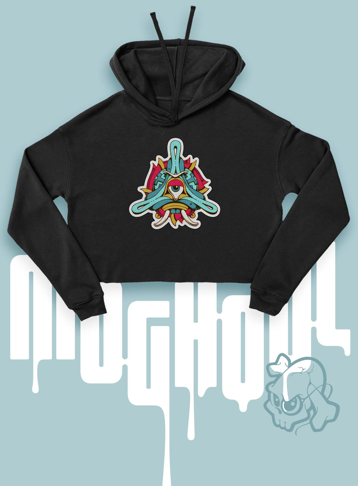 Black woman&#39;s cropped hoodie featuring a print of the Toltec-Aztec goddess of grass illustrated by G.M. Meave