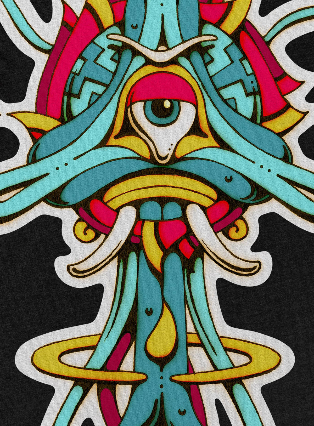 Detail of Heather black women&#39;s t-shirt featuring a front print of the Toltec-Aztec goddess of grass illustrated by G.M. Meave.