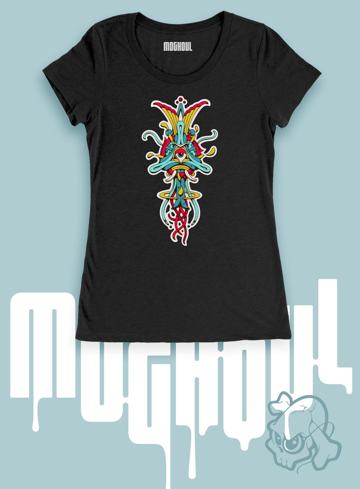 Heather black women&#39;s t-shirt featuring a front print of the Toltec-Aztec goddess of grass illustrated by G.M. Meave.