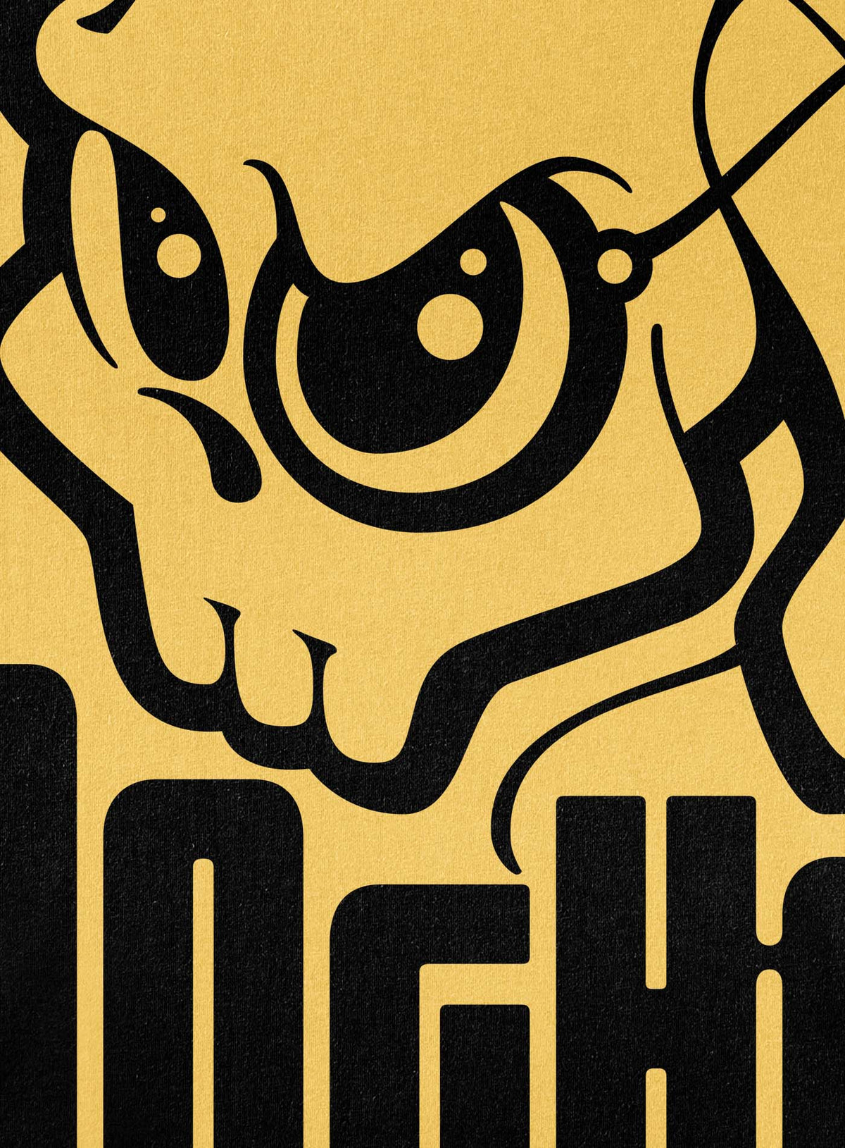 Detail of Yellow unisex t-shirt featuring a yellow Mr. Shade Moghoul logo by G.M. Meave.