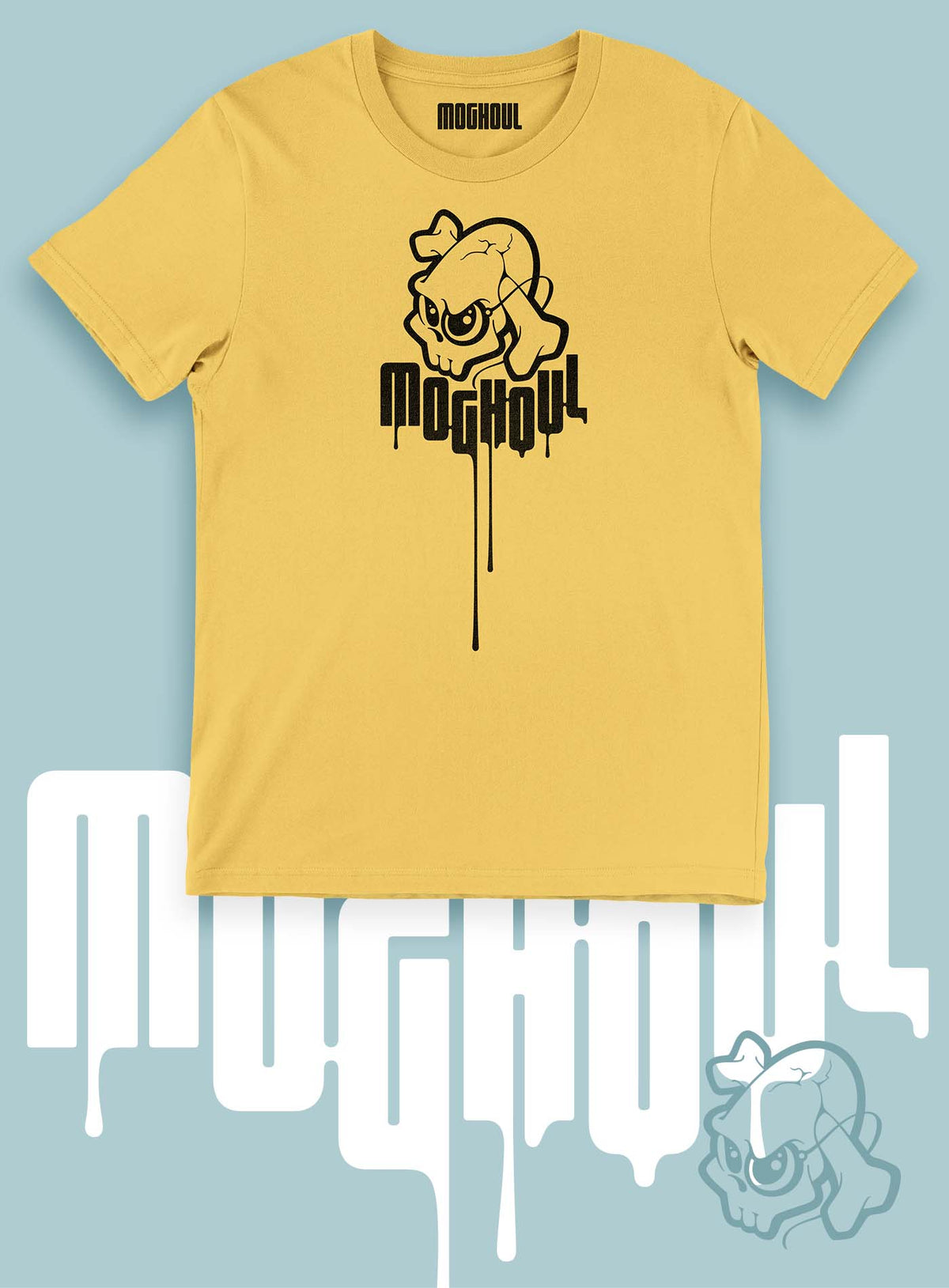 Yellow unisex t-shirt featuring a yellow Mr. Shade Moghoul logo by G.M. Meave.