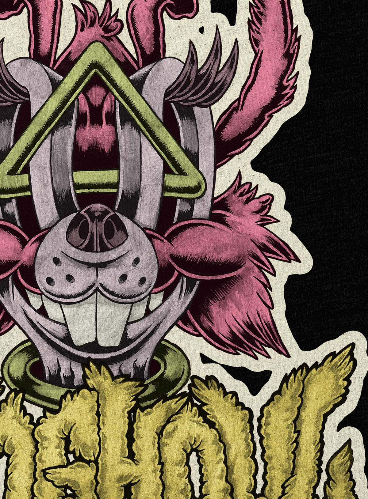 Detail of Heather black unisex t-shirt featuring a front print of a dog and the Moghoul logo rendered in urban art style by Jason Hankins aka Jazmo.