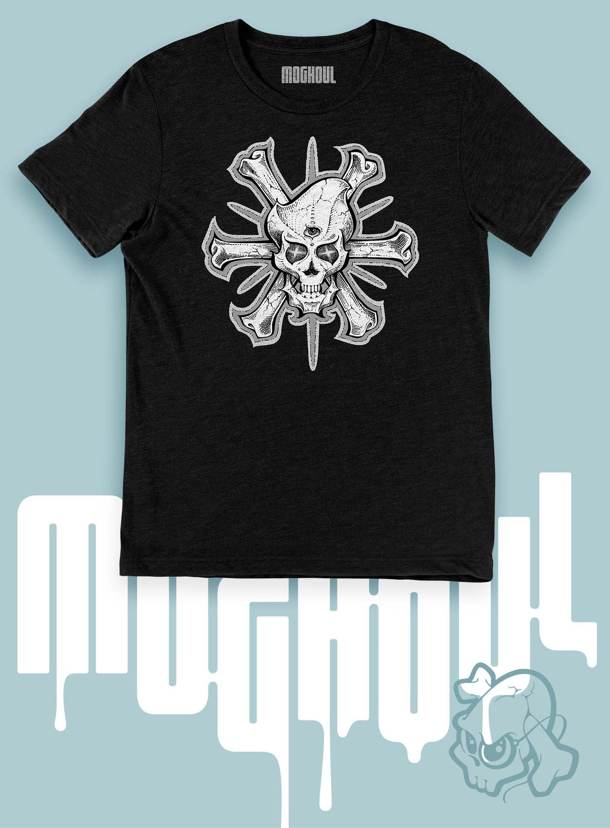 Heather black unisex t-shirt featuring a front print of a three-bone alien Jolly Roger pirate illustration by G.M. Meave.