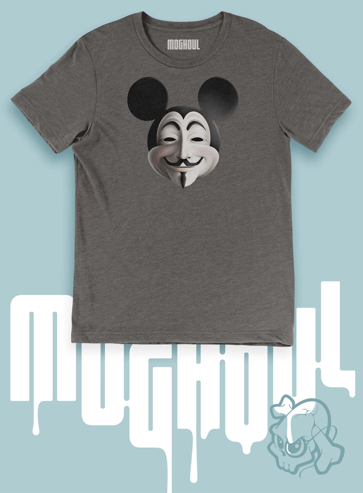 Heather grey unisex t-shirt featuring a front print fusing Mickey Mouse and Guy Fawkes.