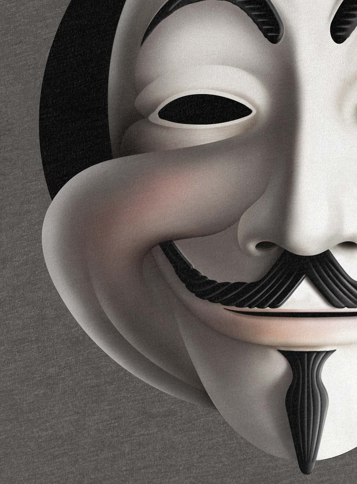 Detail of Heather grey unisex t-shirt featuring a front print fusing Mickey Mouse and Guy Fawkes.