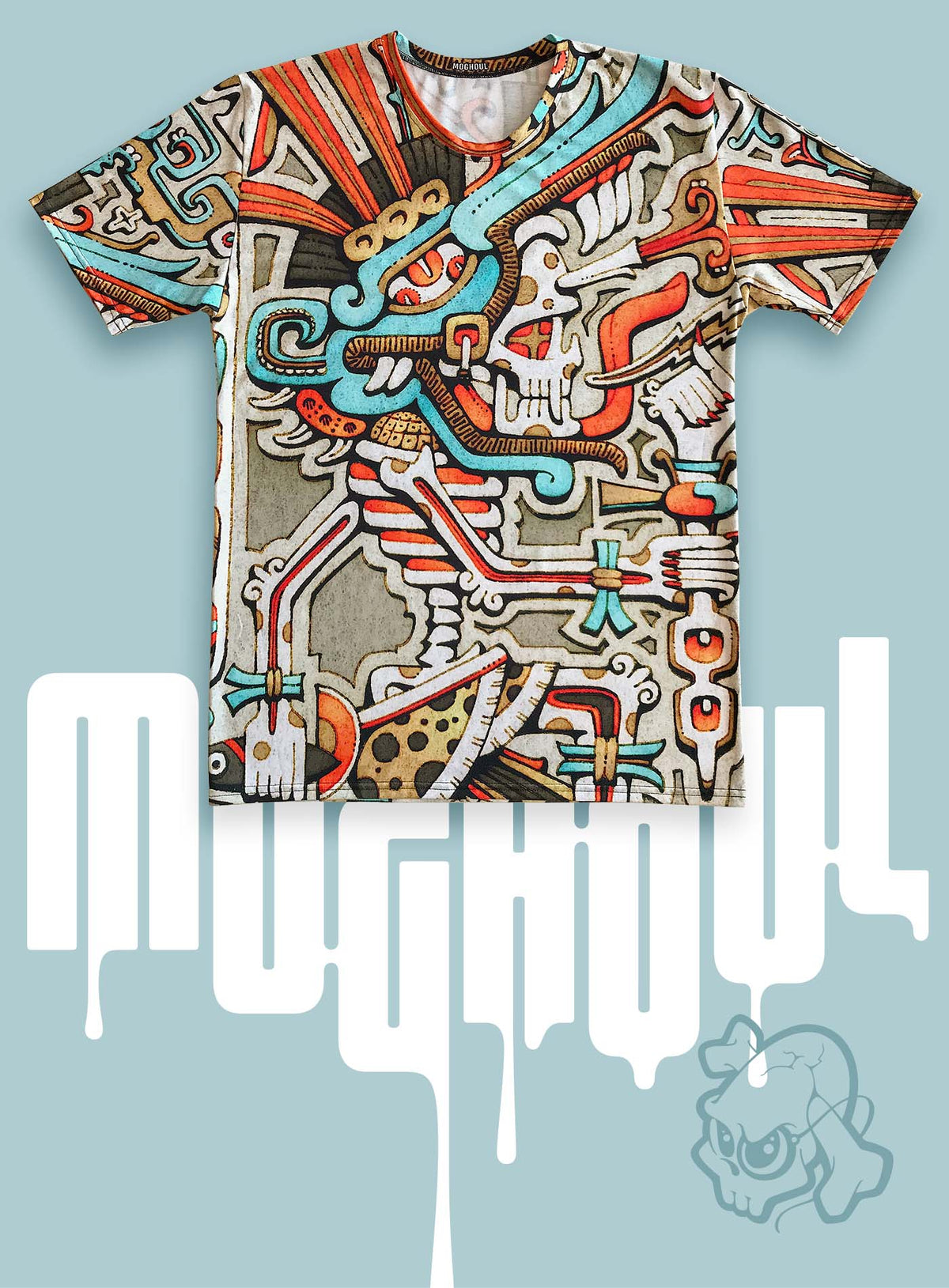 All over dye sublimation t-shirt featuring an illustration of the Aztec god Tezcatlipoca by G.M. Meave.