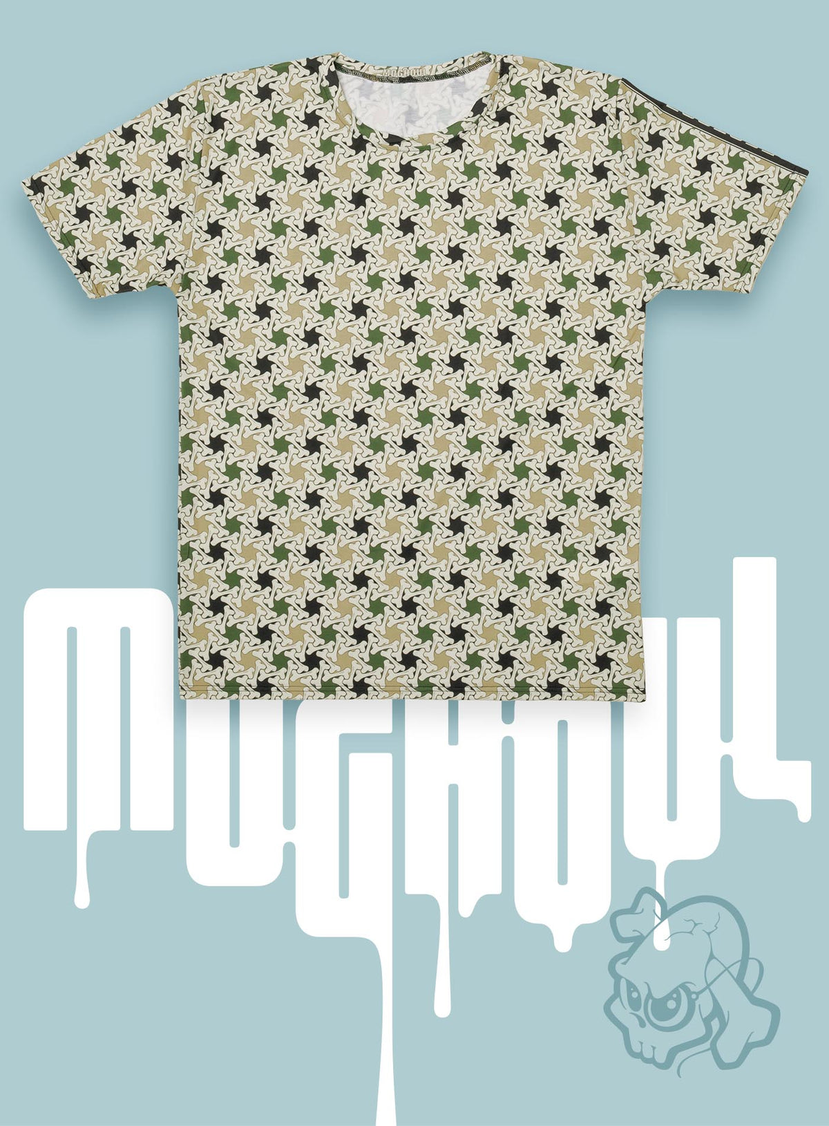 All over dye sublimation t-shirt featuring a patter of bones based on Islamic ornamental art in green colors.