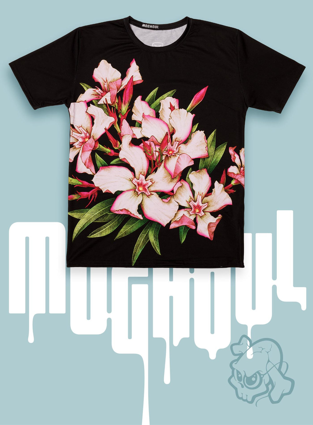 All over dye sublimation t-shirt featuring the poisonous flower Oleander. Illustrated by G.M. Meave.