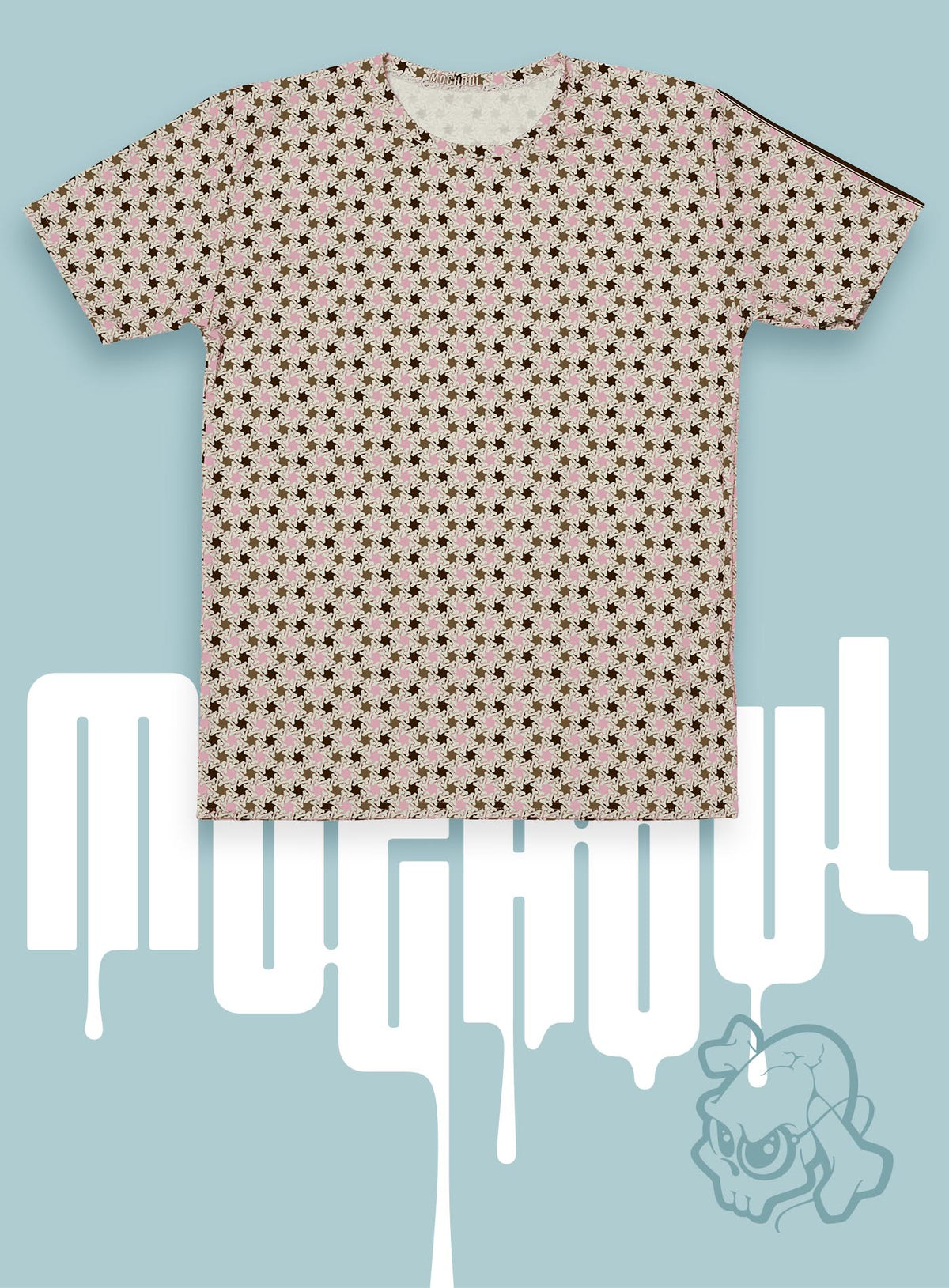 All over dye sublimation t-shirt featuring a patter of bones based on Islamic ornamental art in brown and pink colors.