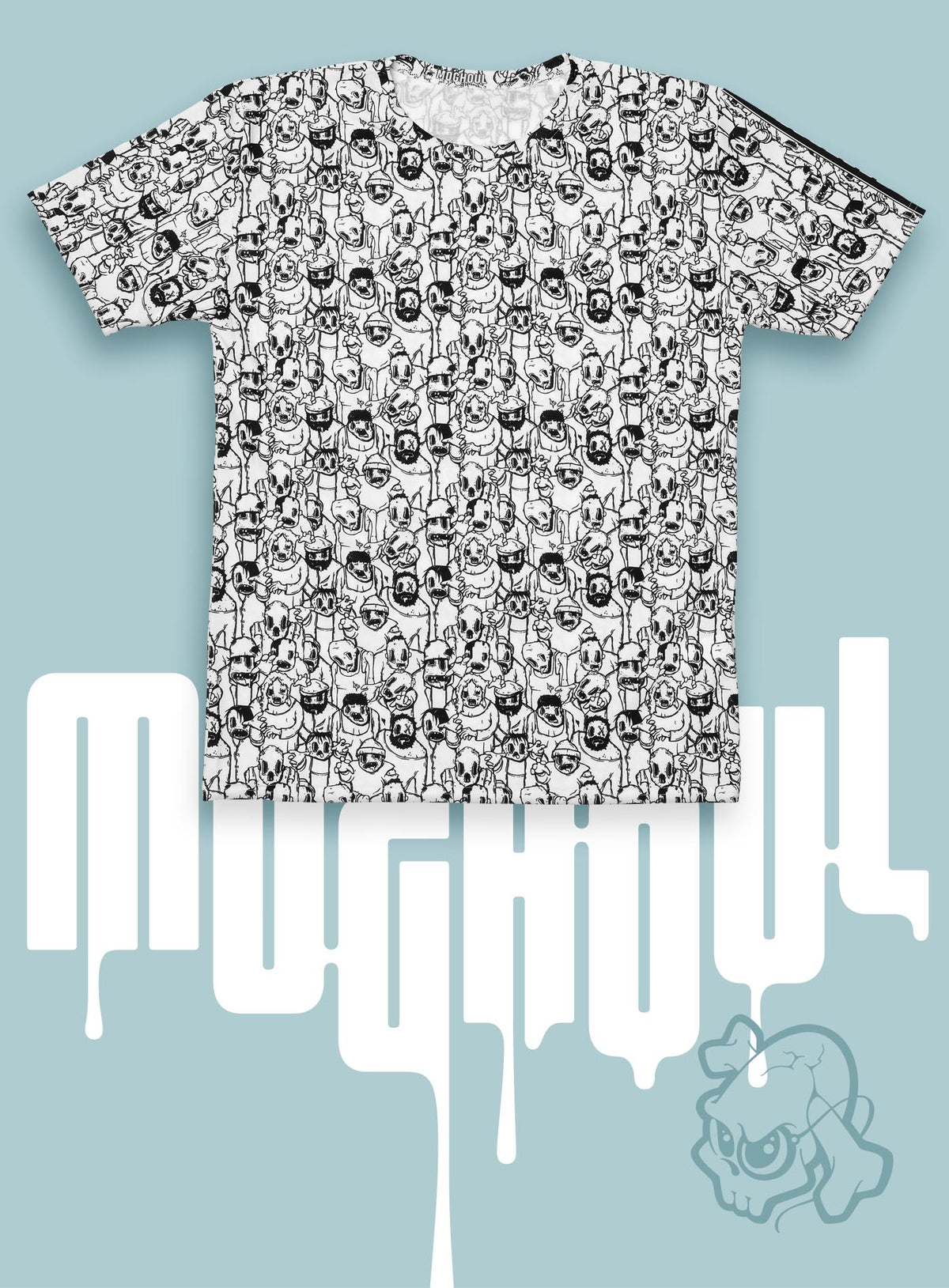 All over dye sublimation t-shirt featuring retro illustrated zombies by Sasha Sidorovich.