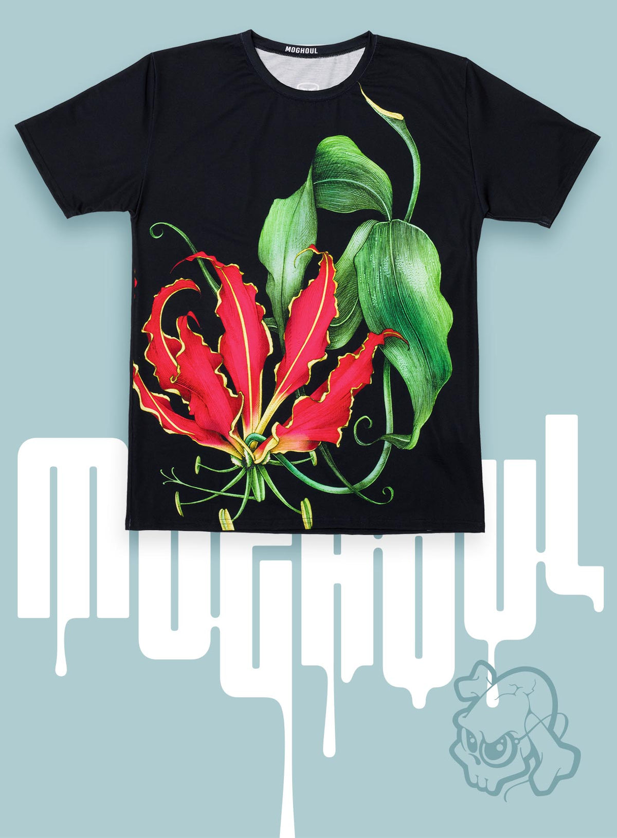 All over dye sublimation t-shirt featuring the poisonous flower Fire Lily. Illustrated by G.M. Meave.