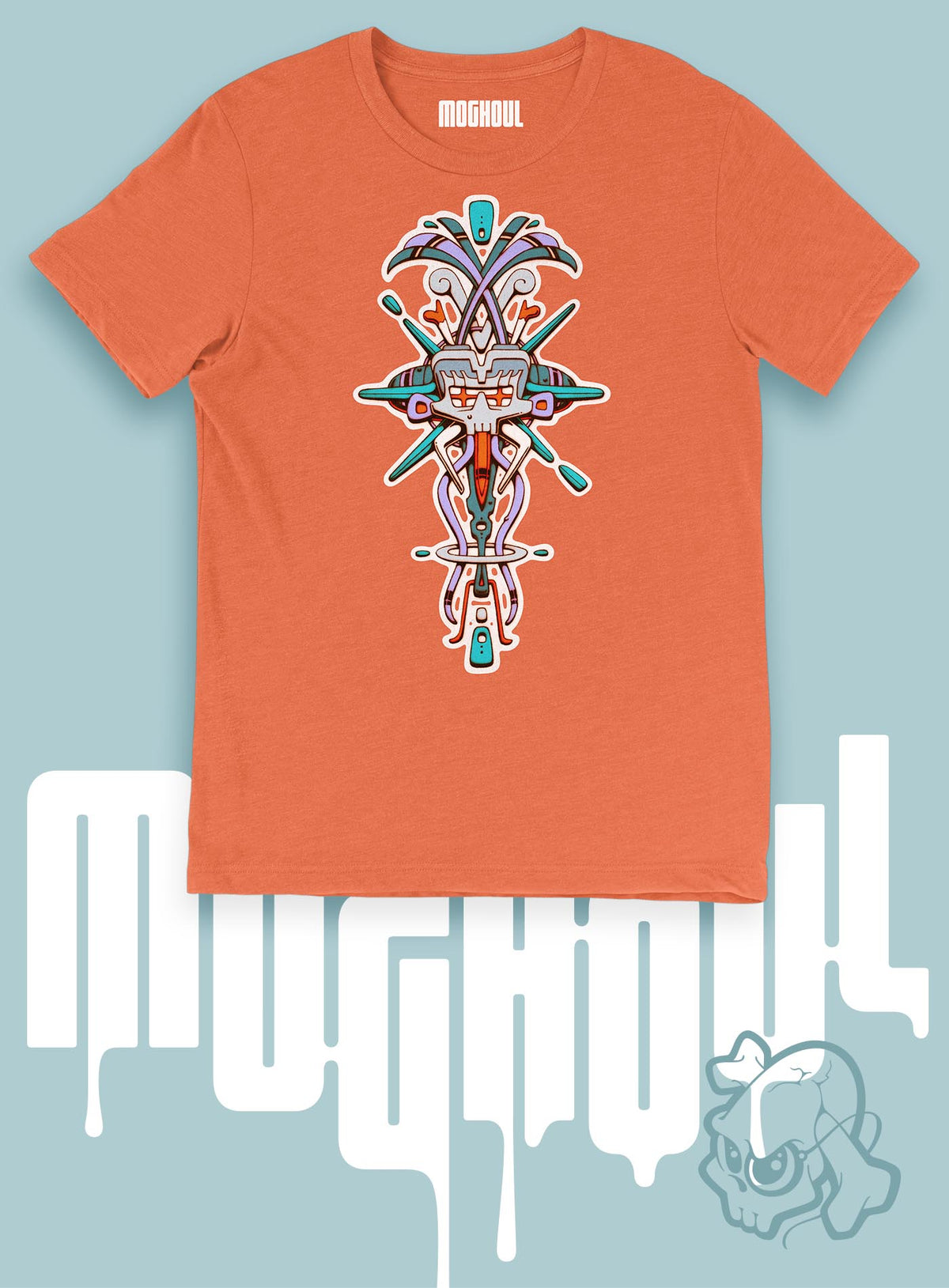 Heather orange unisex t-shirt featuring a front print of Tzontecotl, the Nahua word for skull, associated with a mask that submerged the wearer into the underworld. illustrated by G.M. Meave.