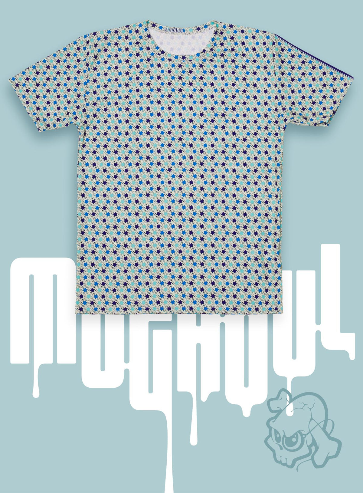 All over dye sublimation t-shirt featuring a patter of bones based on Islamic ornamental art in blue colors.