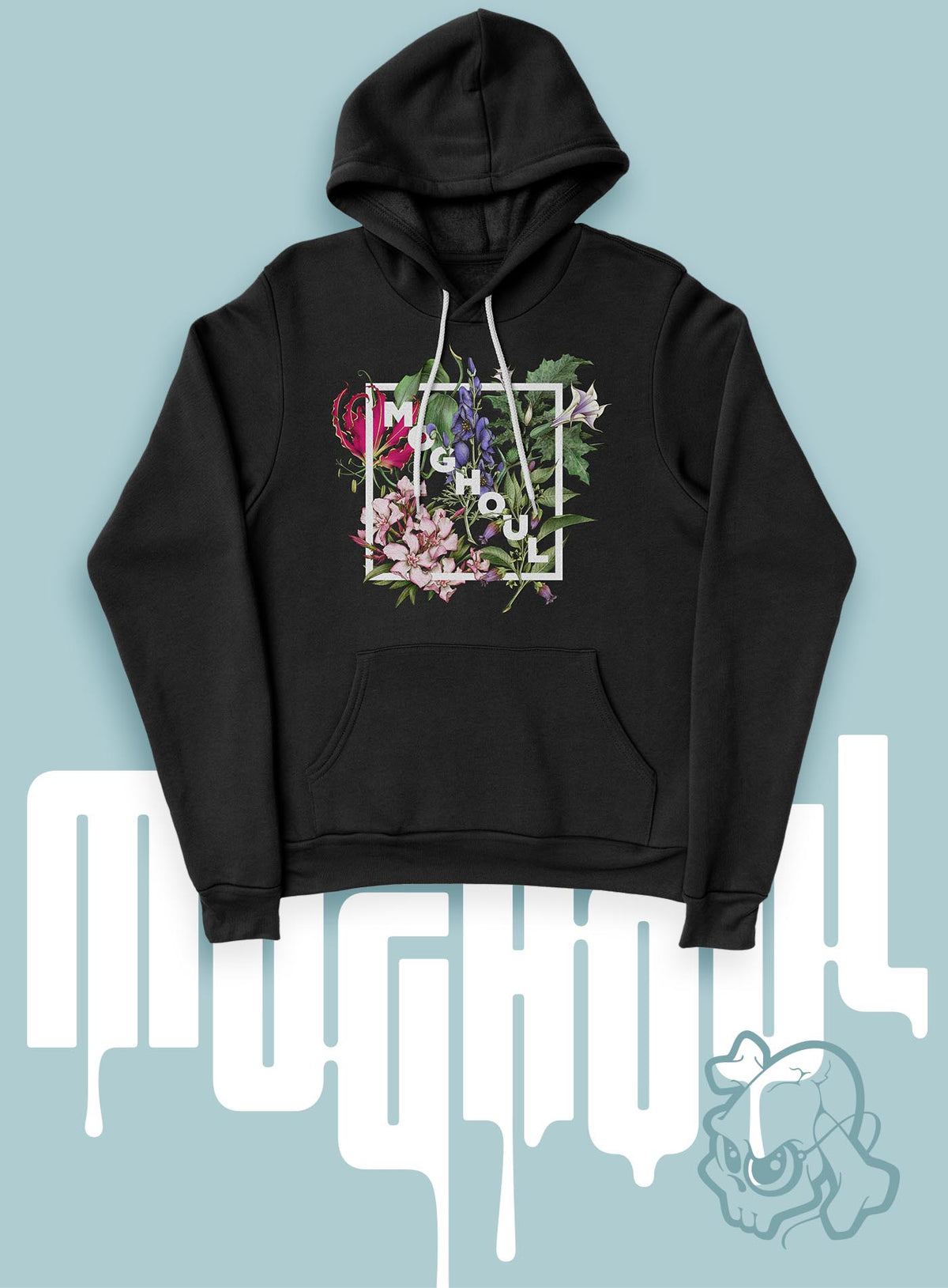 Black unisex hoodie featuring white Moghoul logo surrounded by poisonous flowers such as oleander, fire lily, belladonna and toloache.