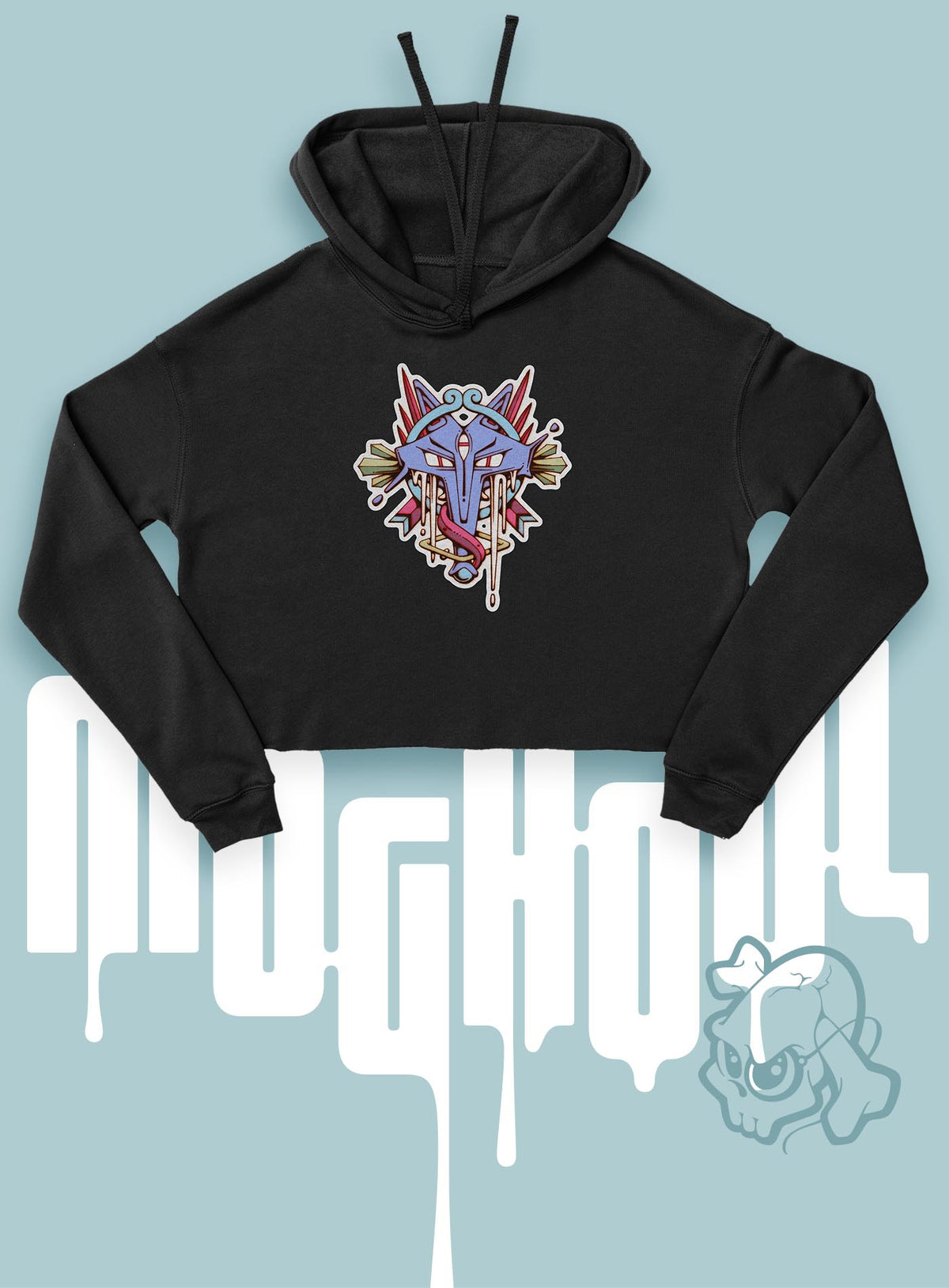 Black woman&#39;s cropped hoodie featuring a front print of the Toltec and Aztec coyote deity illustrated by G.M. Meave.