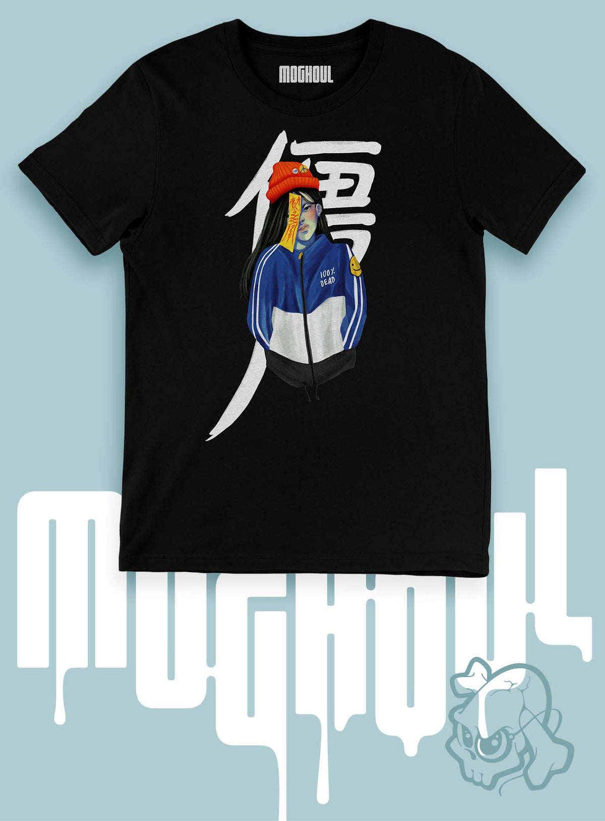 Heather black unisex t-shirt featuring a front print of a jiangshi Chinese zombie in urban outfit illustrated by Aiken Lao.