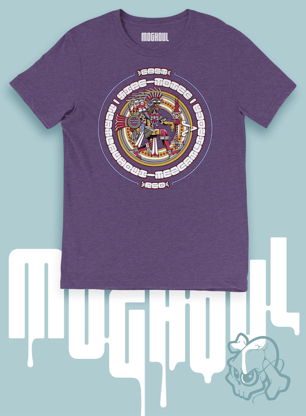 Heather purple unisex t-shirt featuring a front print of the toltec-aztec god Tlatlauhqui-Tezcatlipoca also known as Xipe-Totec. Reinterpretation by Mexican illustrator G.M. Meave.