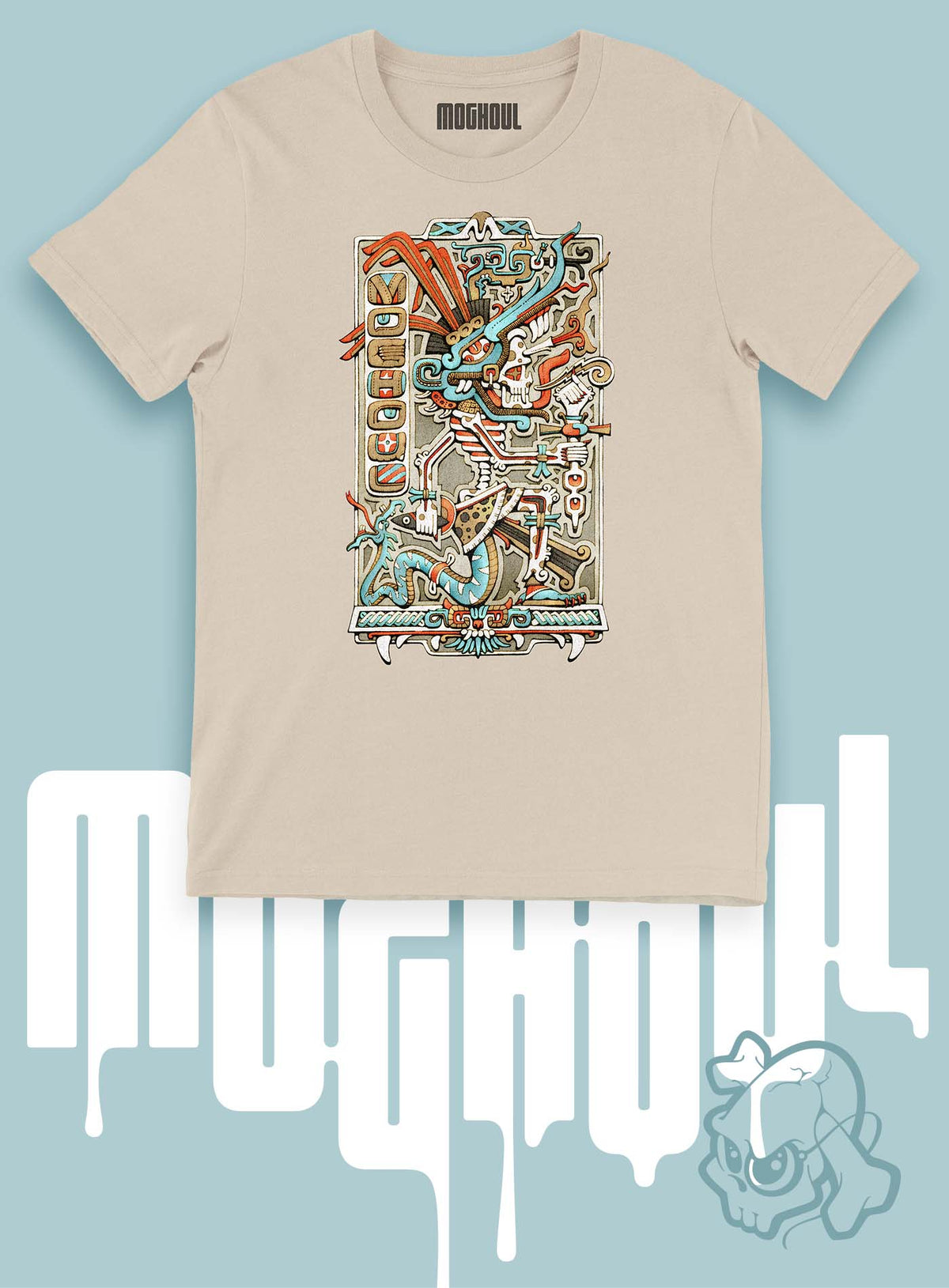 Heather beige unisex t-shirt featuring a front print of the Aztec god Tezcatlipoca illustrated by G.M. Meave.
