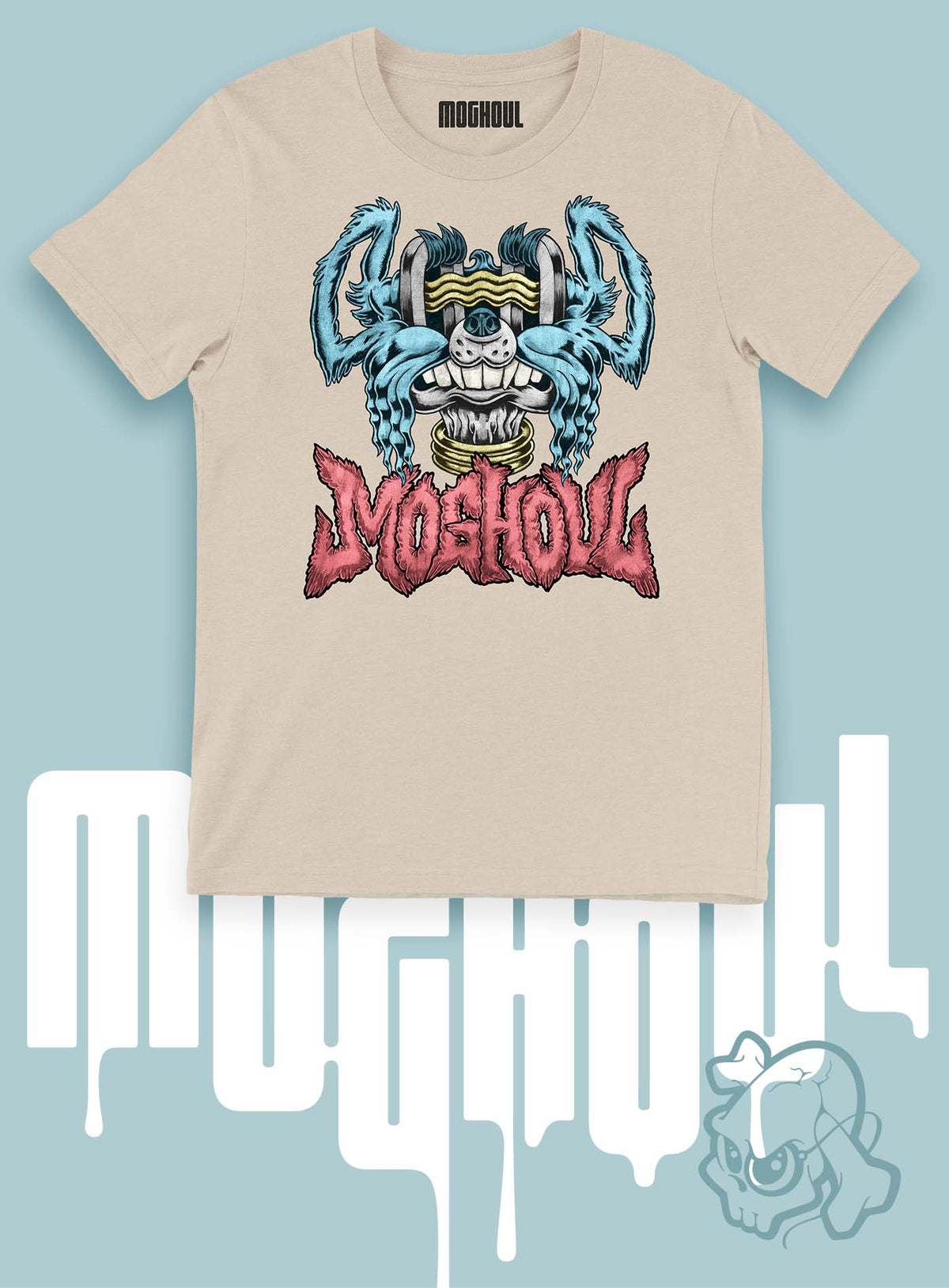 Heather beige unisex t-shirt featuring a front print of a dog and the Moghoul logo rendered in urban art style by Jason Hankins aka Jazmo.