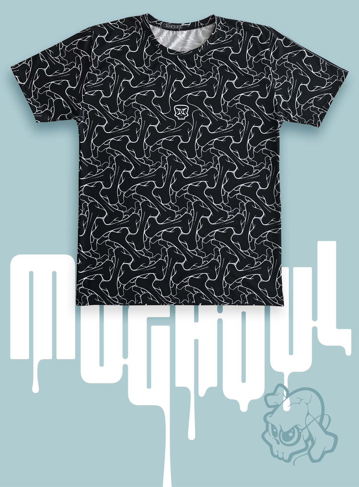 All over dye sublimation t-shirt featuring the Moghoul symbol surrounded by a patter of bones based on Islamic ornamental art.