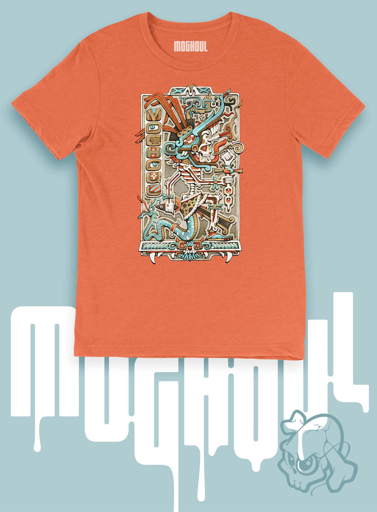 Heather orange unisex t-shirt featuring a front print of the Aztec god Tezcatlipoca illustrated by G.M. Meave.