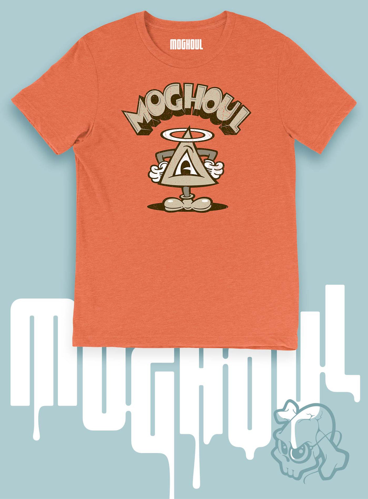 Heather orange unisex t-shirt featuring a front print of a cartoon character based on the mythical Eye of Providence. By Mexican illustrator G.M. Meave