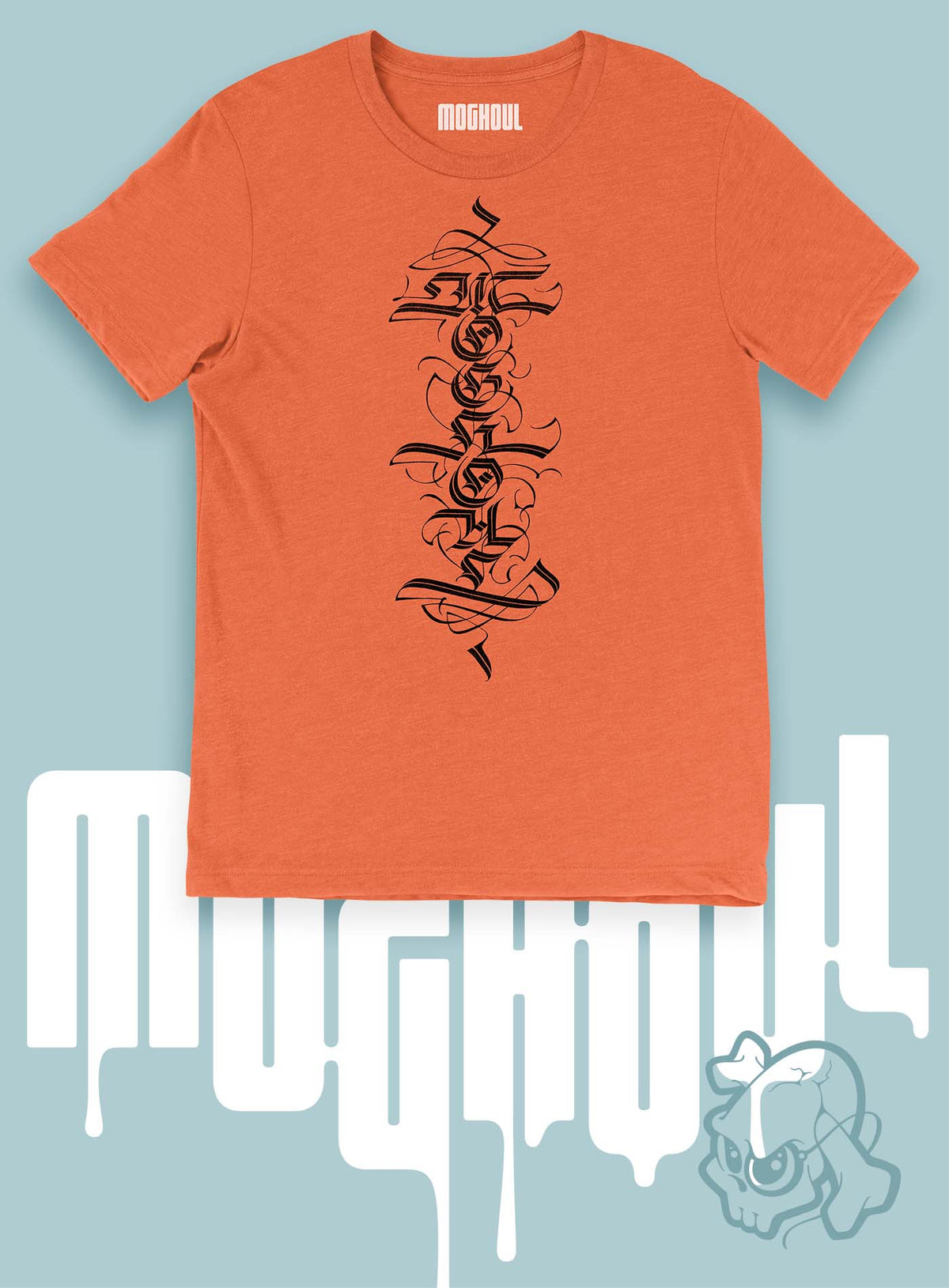 Heather orange unisex t-shirt featuring a front print of a white Moghoul straight-up-gothic logo by Mexican typographer G.M. Meave.