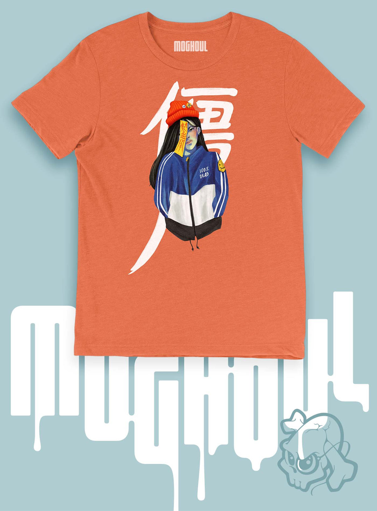 Heather orange unisex t-shirt featuring a front print of a jiangshi Chinese zombie in urban outfit illustrated by Aiken Lao.