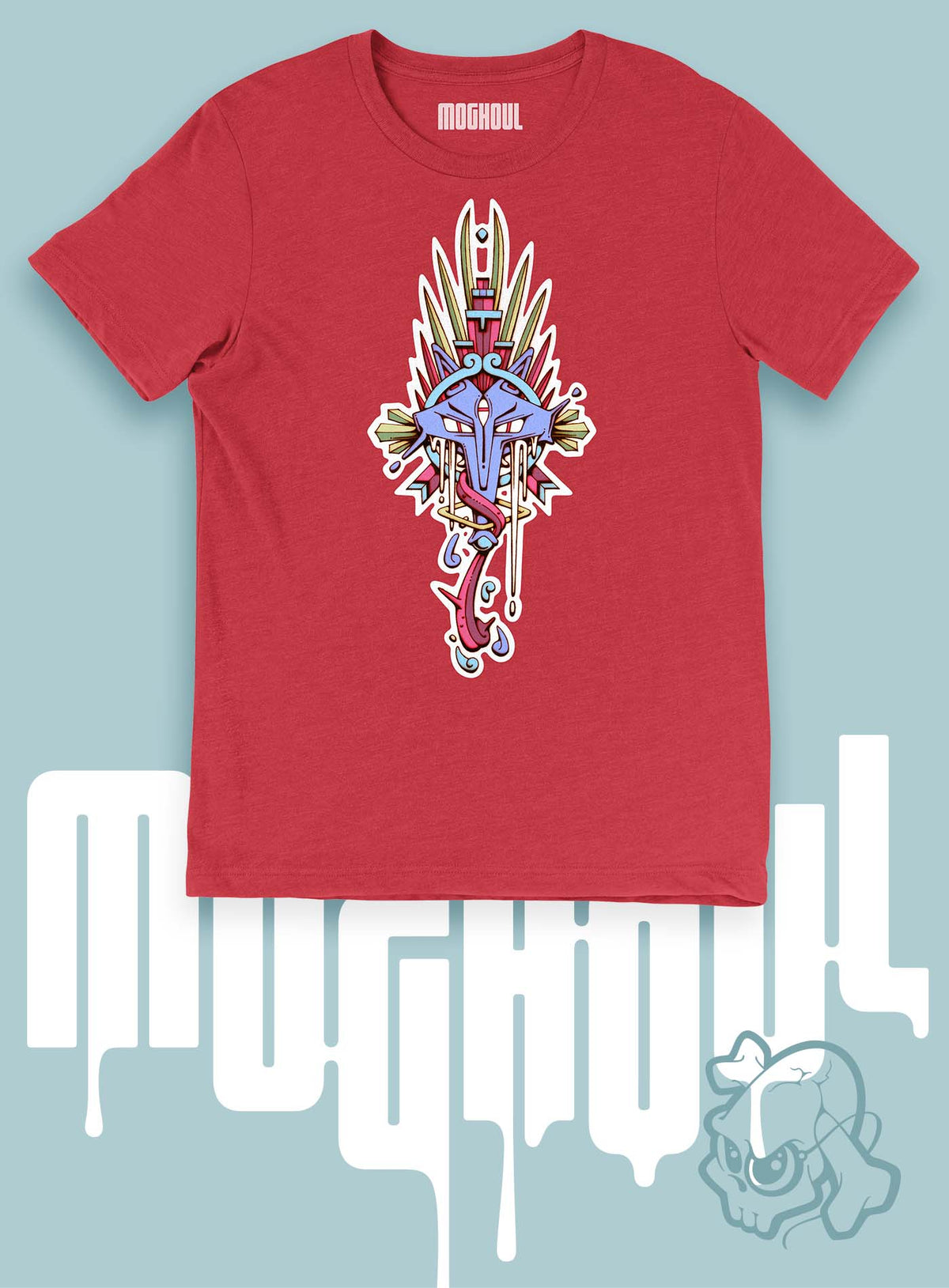 Heather red unisex t-shirt featuring a front print of the Toltec and Aztec coyote deity illustrated by G.M. Meave.