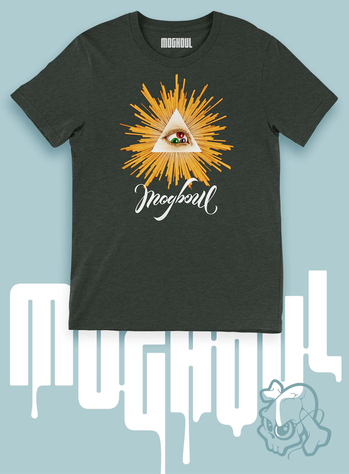 Heather dark green unisex t-shirt featuring a front print of a reinterpretation of the Horus pyramid and Moghoul ambigram logo by G.M. Meave.