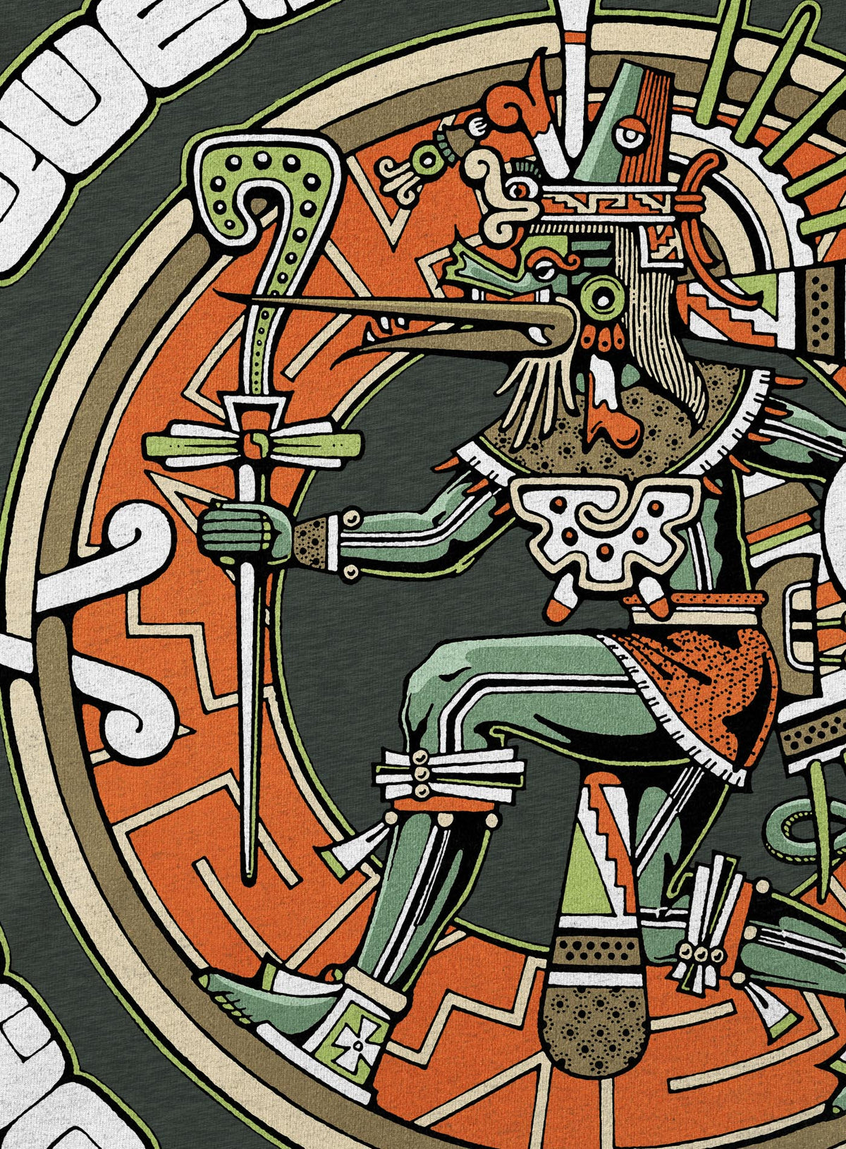 Detail of Heather green unisex t-shirt featuring a front print of the toltec-aztec god Tezcatlipoca also known as Quetzalcoatl. Reinterpretation by Mexican illustrator G.M. Meave.