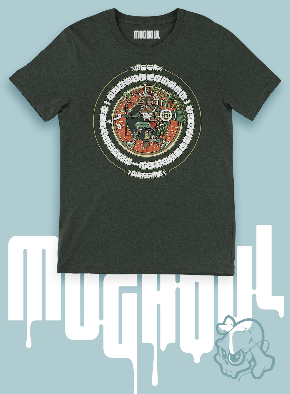 Heather green unisex t-shirt featuring a front print of the toltec-aztec god Tezcatlipoca also known as Quetzalcoatl. Reinterpretation by Mexican illustrator G.M. Meave.