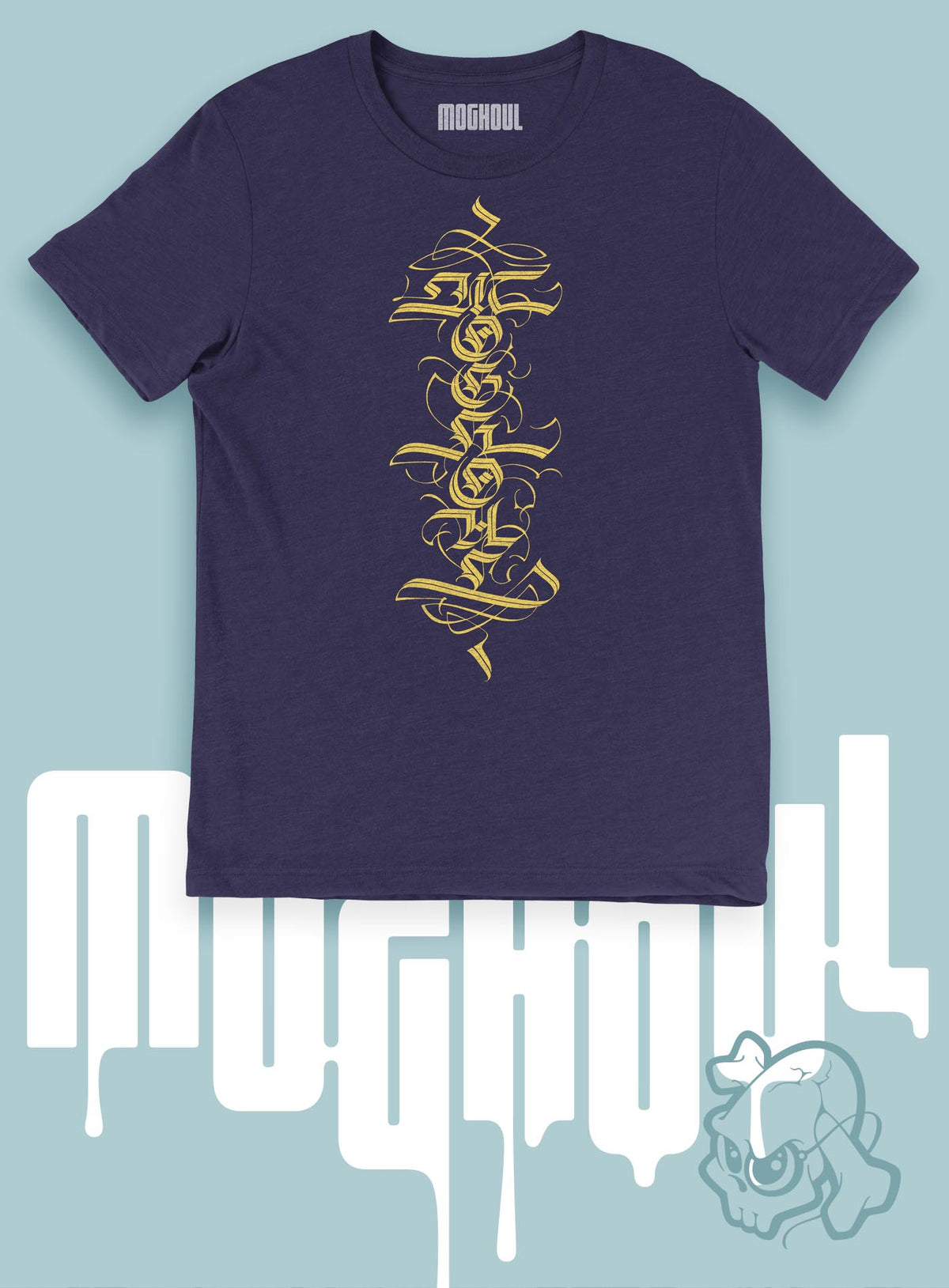 Heather blue unisex t-shirt featuring a front print of a white Moghoul straight-up-gothic logo by Mexican typographer G.M. Meave.