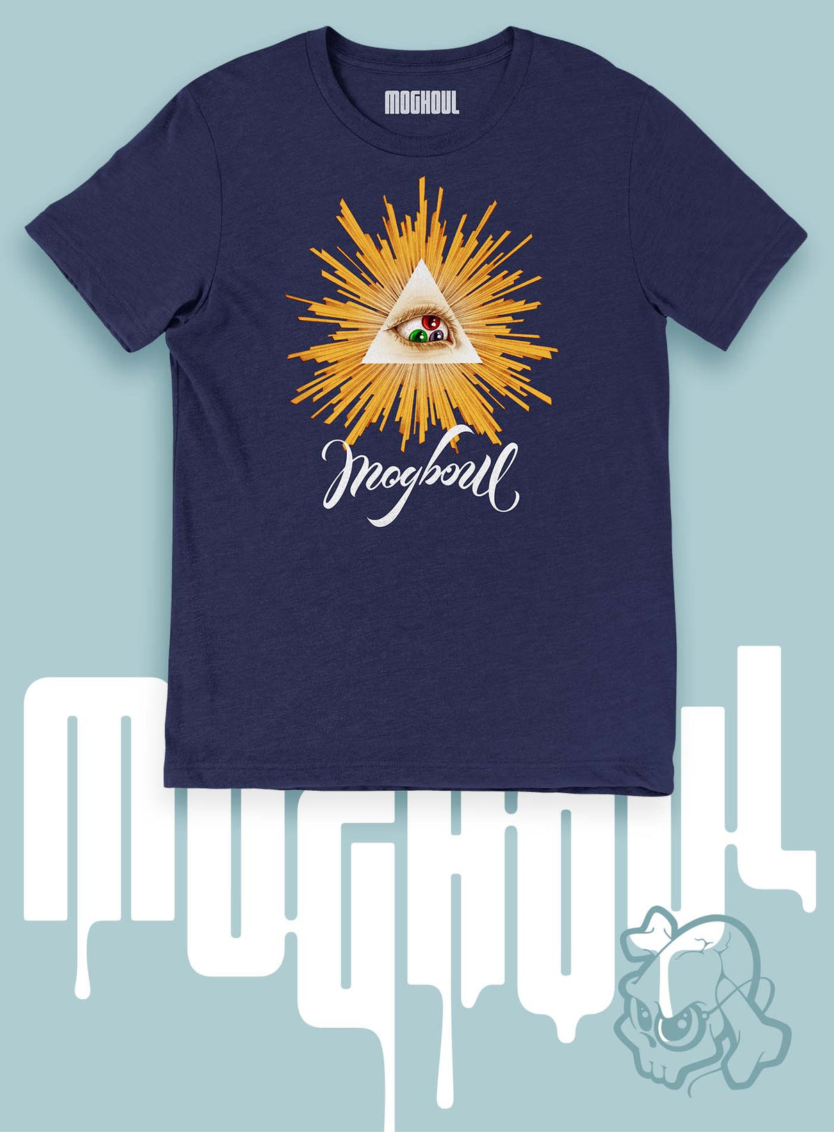 Heather navy blue unisex t-shirt featuring a front print of a reinterpretation of the Horus pyramid and Moghoul ambigram logo by G.M. Meave.