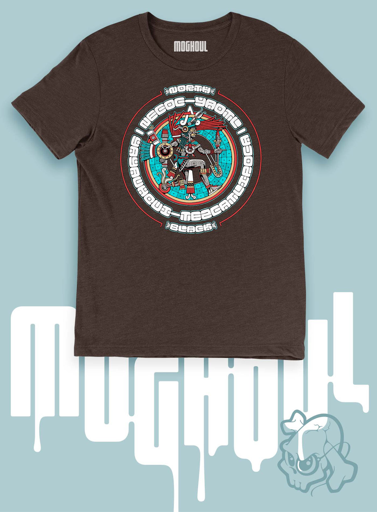Heather brown unisex t-shirt featuring a front print of the toltec-aztec god Yayauhqui-Tezcatlipoca also known as Necoc-yaotl. Reinterpretation by Mexican illustrator G.M. Meave.