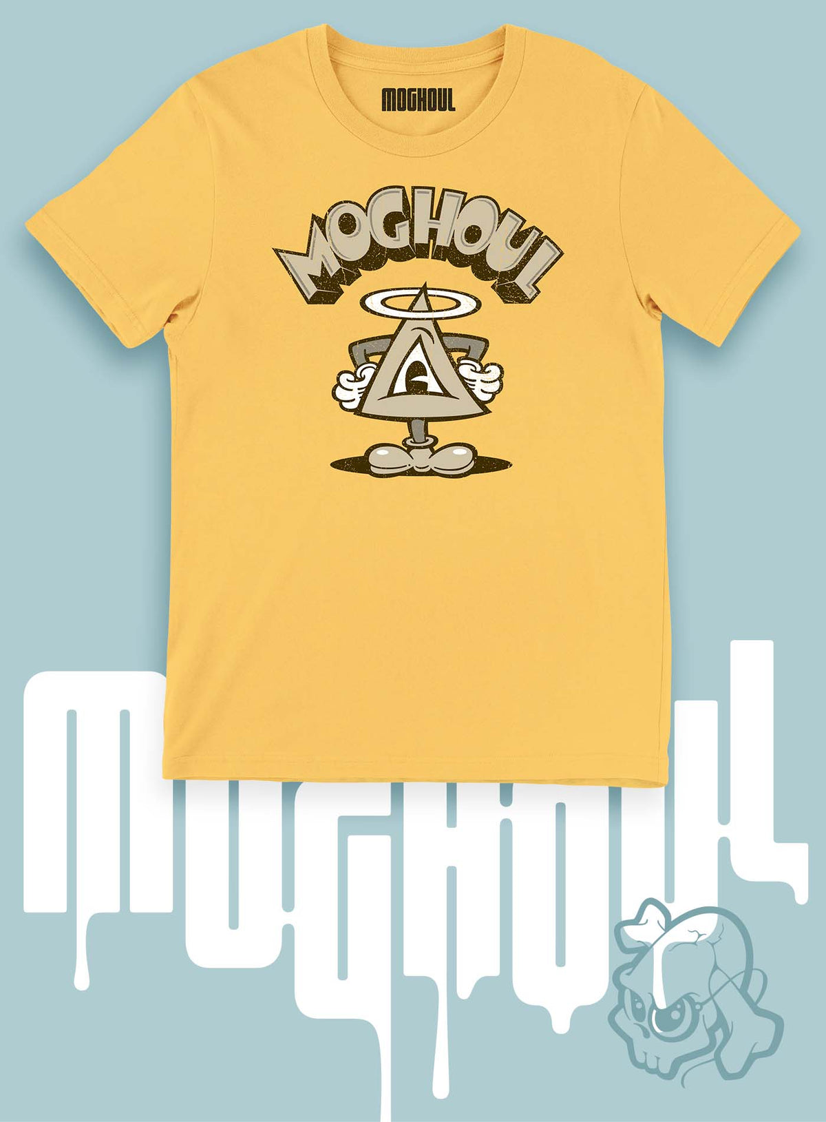 Yellow unisex t-shirt featuring a front print of a cartoon character based on the mythical Eye of Providence. By Mexican illustrator G.M. Meave