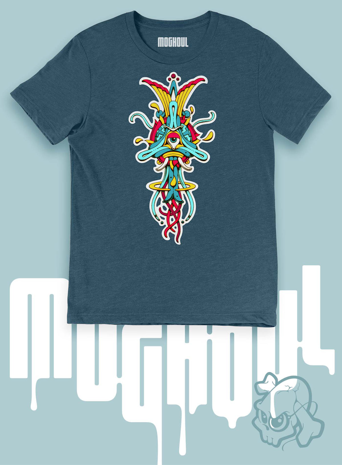 Heather blue unisex t-shirt featuring a front print of the Toltec-Aztec goddess of grass illustrated by G.M. Meave.