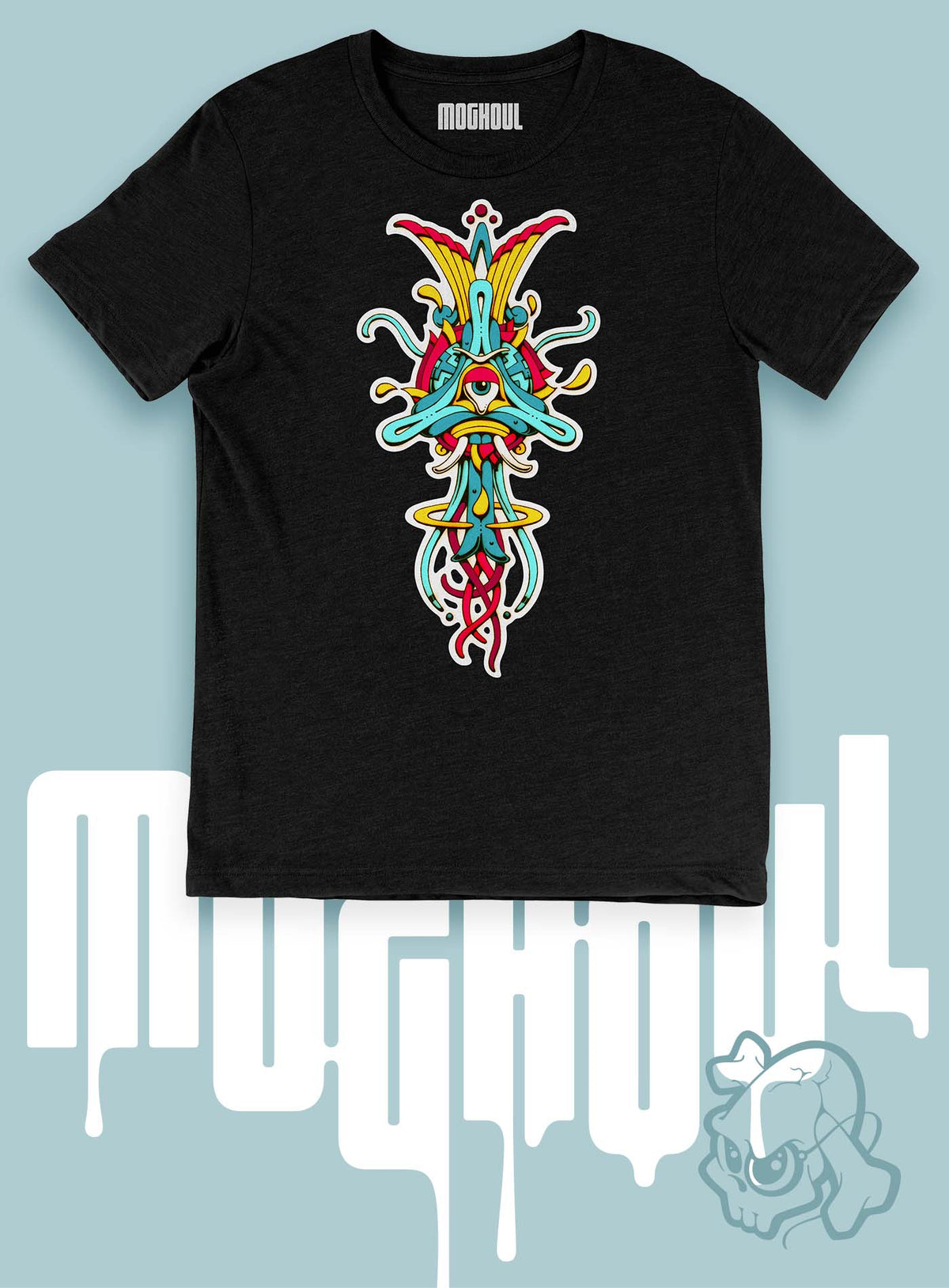 Heather black unisex t-shirt featuring a front print of the Toltec-Aztec goddess of grass illustrated by G.M. Meave.