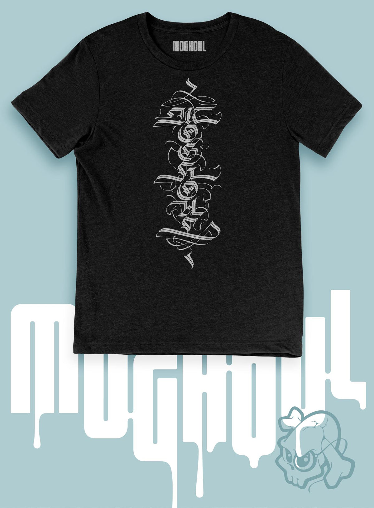 Heather black unisex t-shirt featuring a front print of a white Moghoul straight-up-gothic logo by Mexican typographer G.M. Meave.