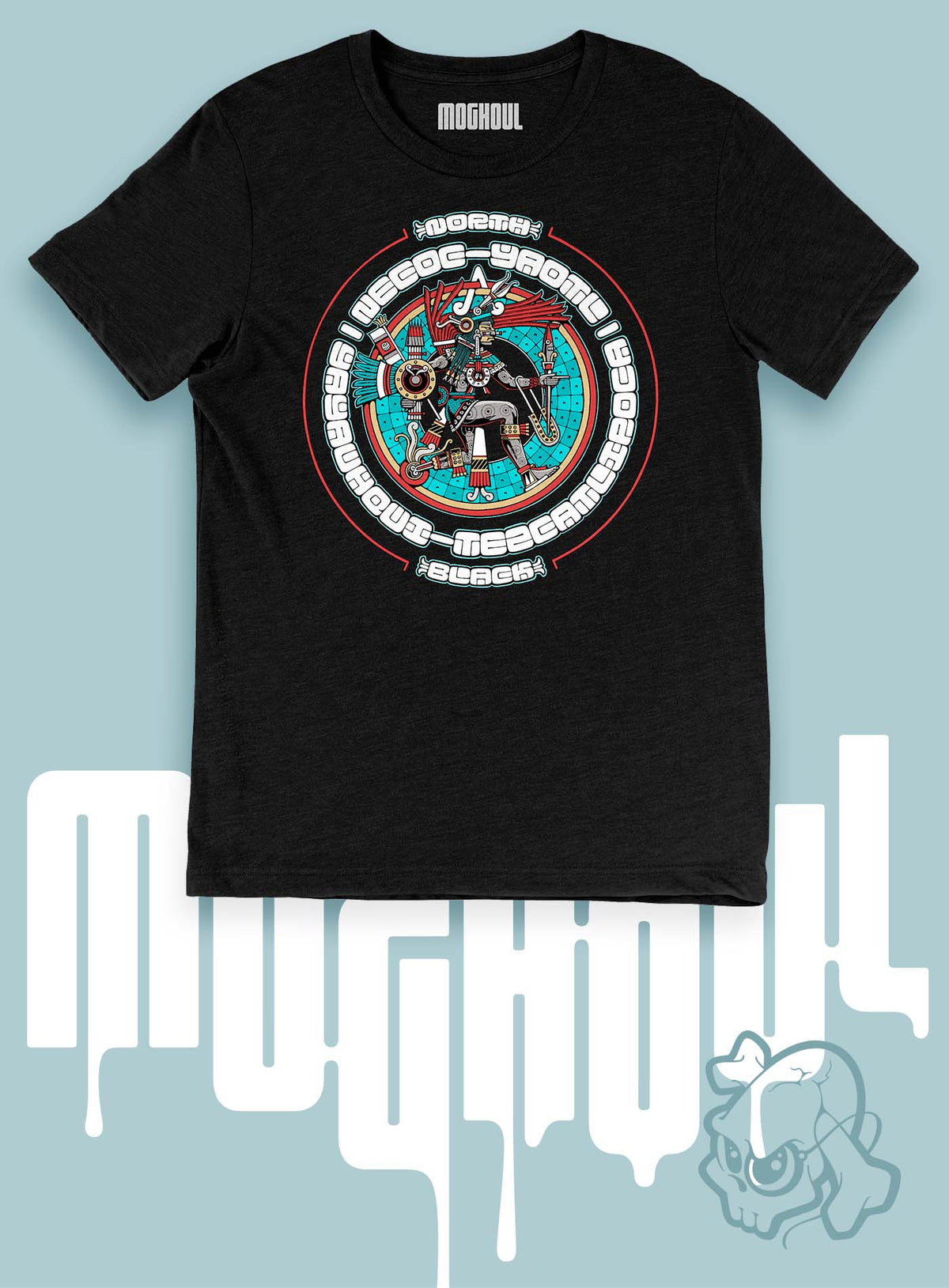 Heather black unisex t-shirt featuring a front print of the toltec-aztec god Yayauhqui-Tezcatlipoca also known as Necoc-yaotl. Reinterpretation by Mexican illustrator G.M. Meave.