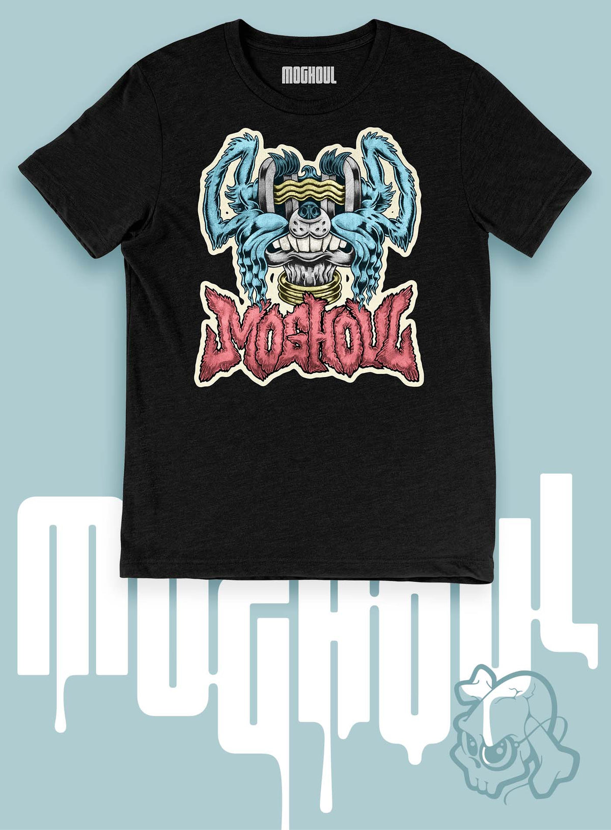 Heather black unisex t-shirt featuring a front print of a dog and the Moghoul logo rendered in urban art style by Jason Hankins aka Jazmo.