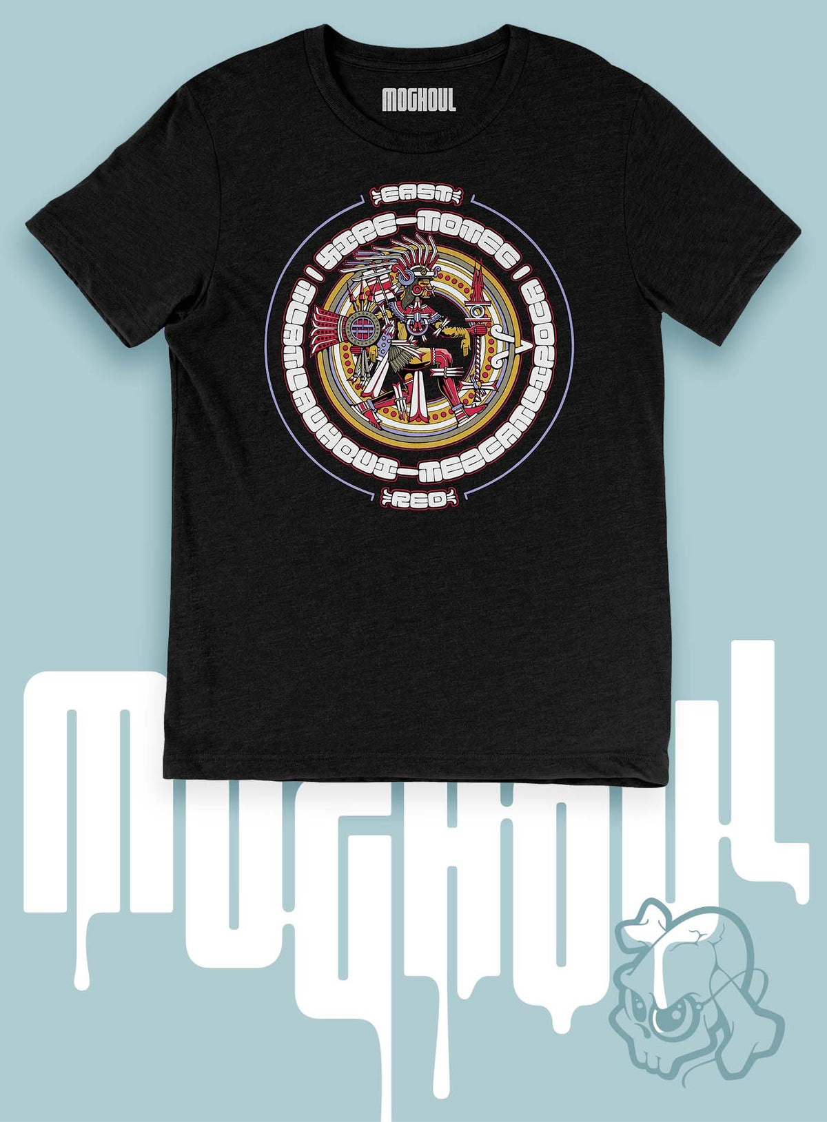 Heather black unisex t-shirt featuring a front print of the toltec-aztec god Tlatlauhqui-Tezcatlipoca also known as Xipe-Totec. Reinterpretation by Mexican illustrator G.M. Meave.