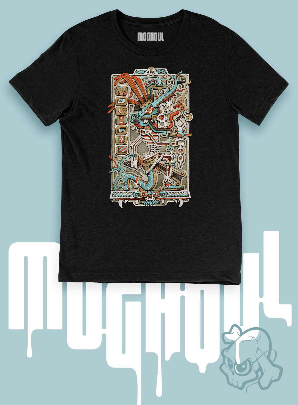 Heather black unisex t-shirt featuring a front print of the Aztec god Tezcatlipoca illustrated by G.M. Meave.