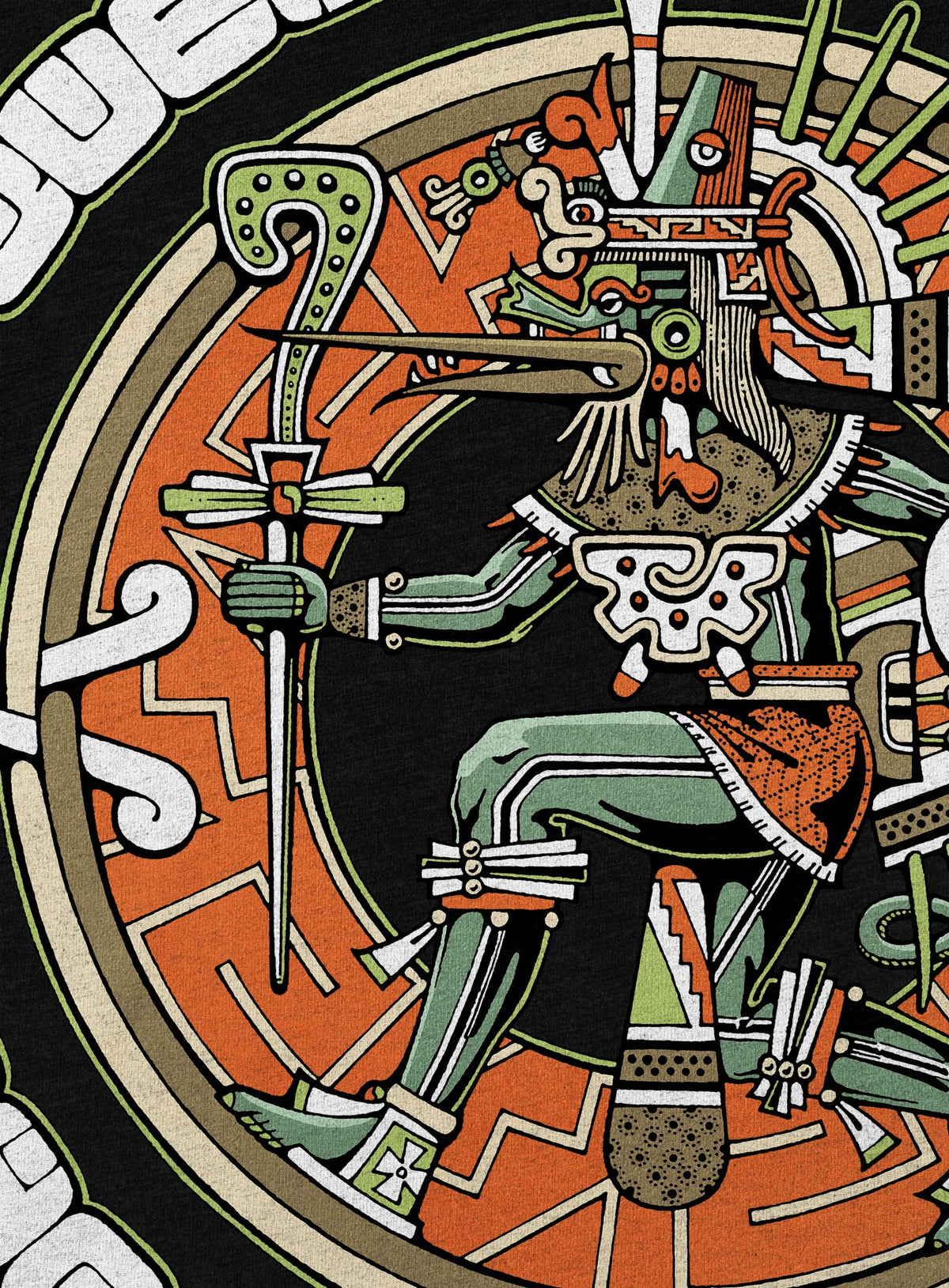 Detail of Heather black unisex t-shirt featuring a front print of the toltec-aztec god Tezcatlipoca also known as Quetzalcoatl. Reinterpretation by Mexican illustrator G.M. Meave.