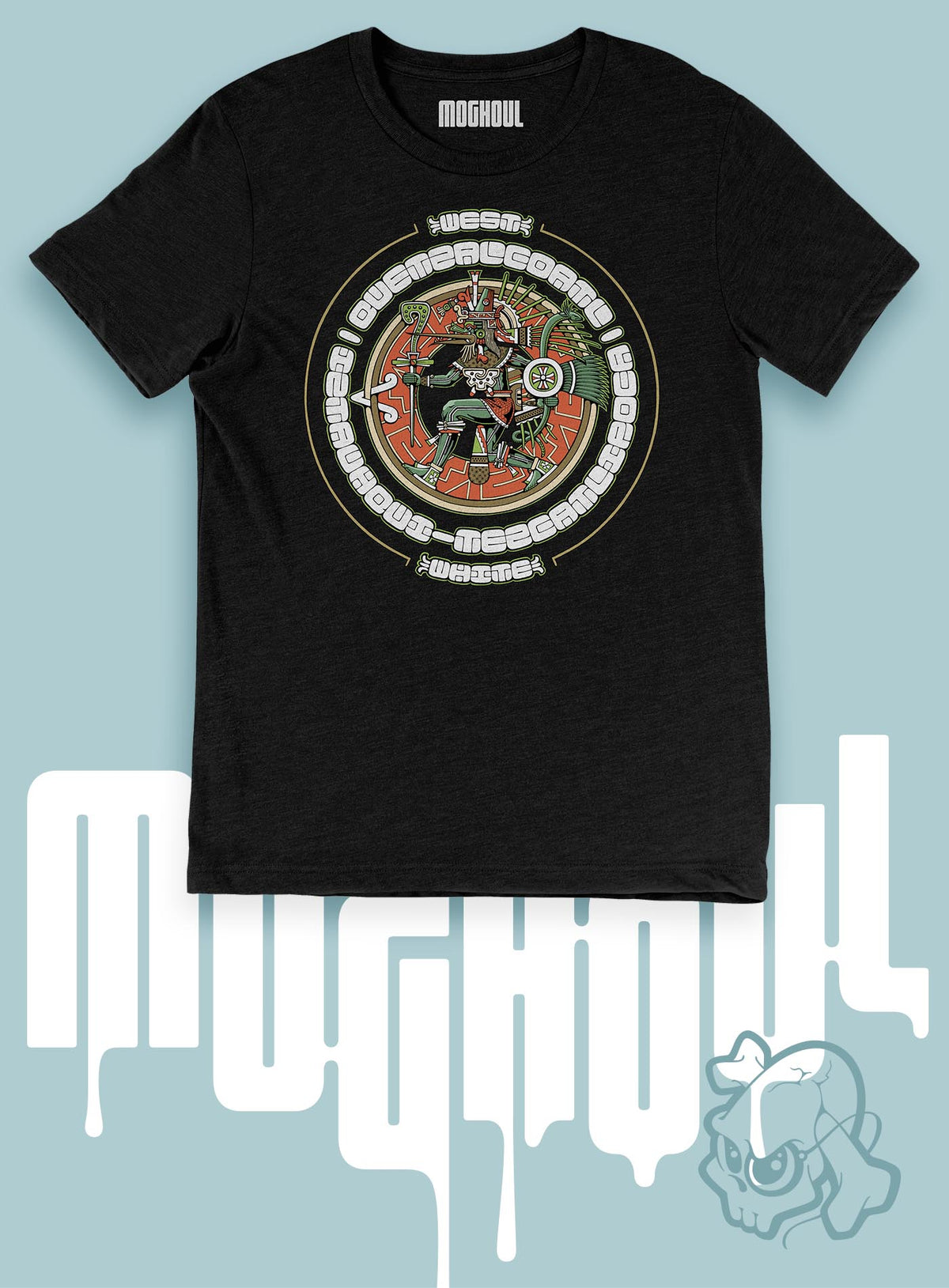 Heather black unisex t-shirt featuring a front print of the toltec-aztec god Tezcatlipoca also known as Quetzalcoatl. Reinterpretation by Mexican illustrator G.M. Meave.