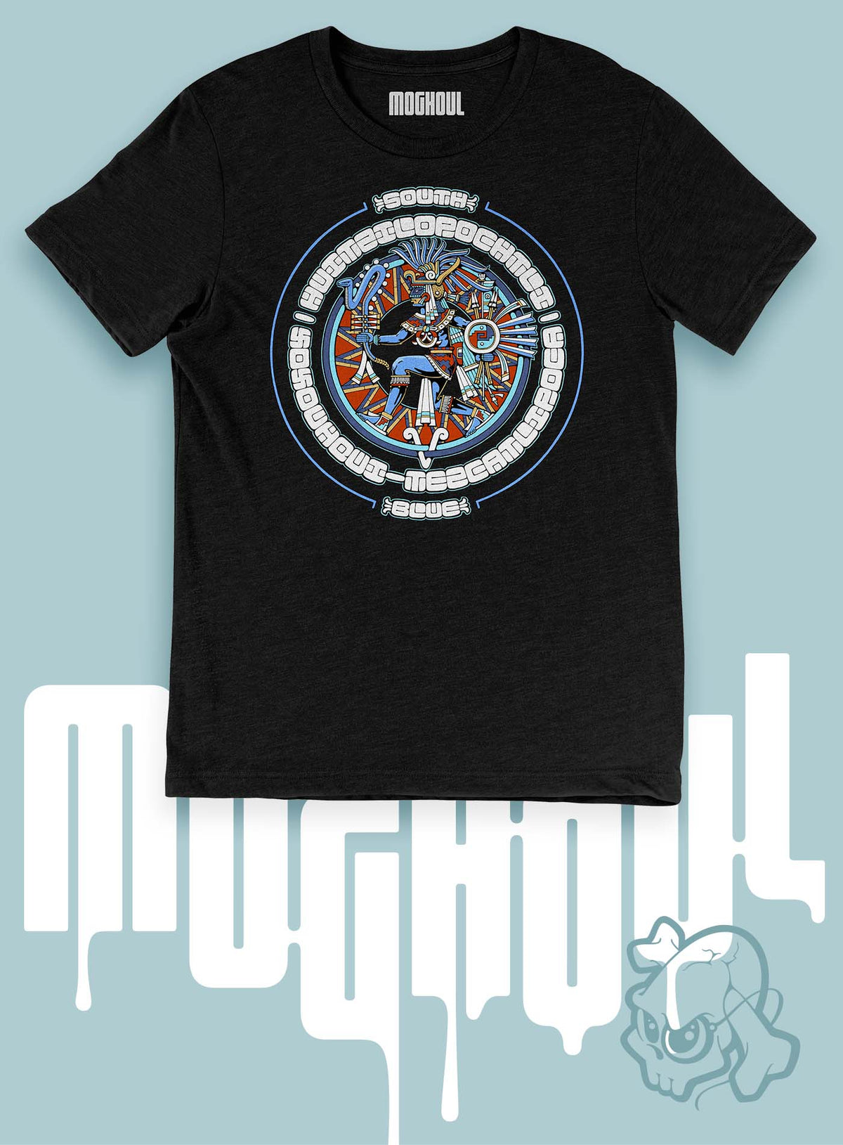 Heather black unisex t-shirt featuring a front print of the toltec-aztec god Tezcatlipoca also known as Huitzilopochtli. Reinterpretation by Mexican illustrator G.M. Meave.