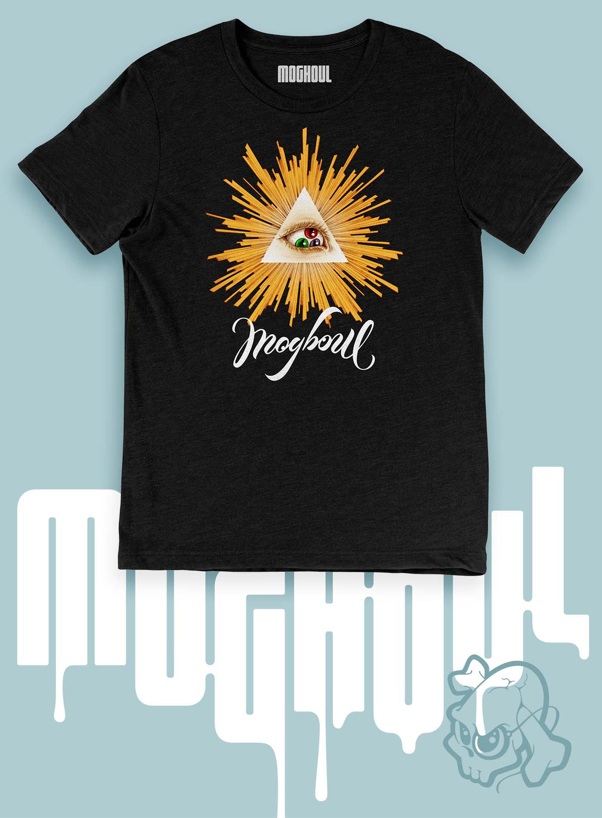 Heather black unisex t-shirt featuring a front print of a reinterpretation of the Horus pyramid and Moghoul ambigram logo by G.M. Meave.