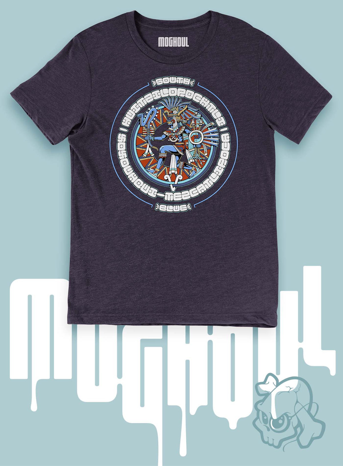 Heather blue unisex t-shirt featuring a front print of the toltec-aztec god Tezcatlipoca also known as Huitzilopochtli. Reinterpretation by Mexican illustrator G.M. Meave.