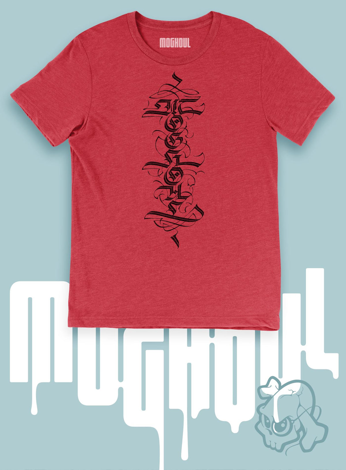 Heather red unisex t-shirt featuring a front print of a white Moghoul straight-up-gothic logo by Mexican typographer G.M. Meave.